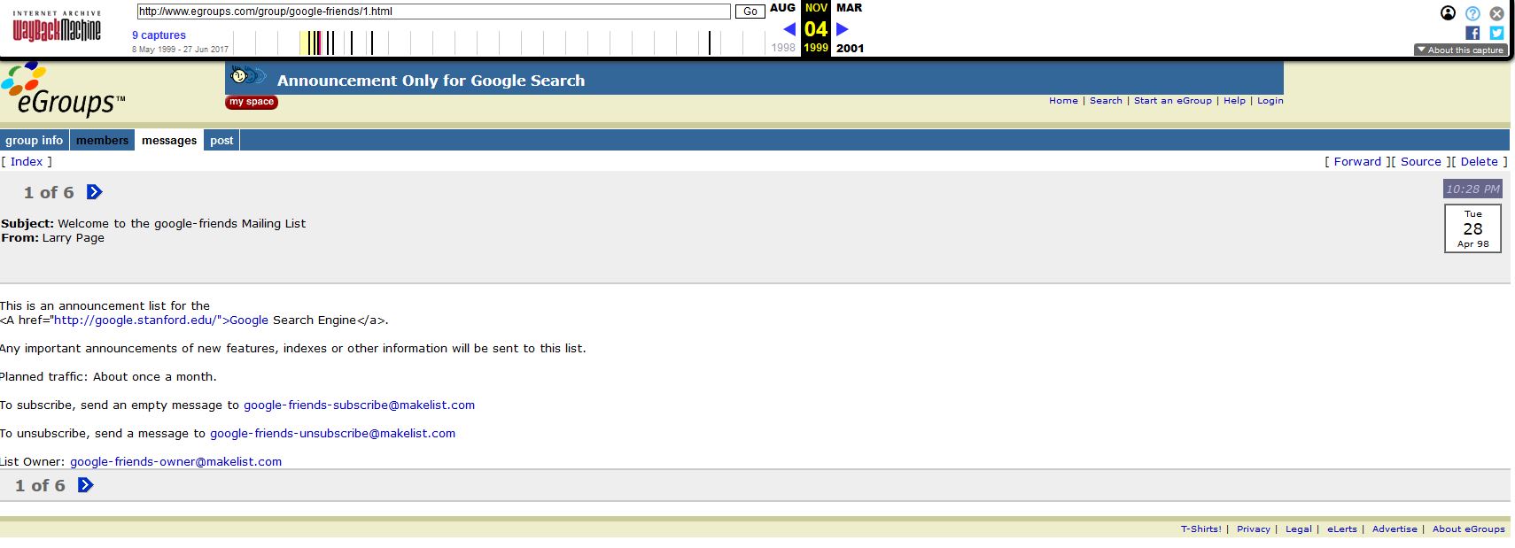First Larry announcement list for Google search and fiends newsletter group, 04.11.1999